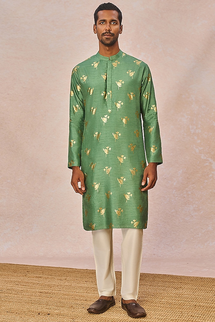 Sage Green Raw Silk Foil Printed Kurta Set by Masaba Men at Pernia's Pop Up Shop
