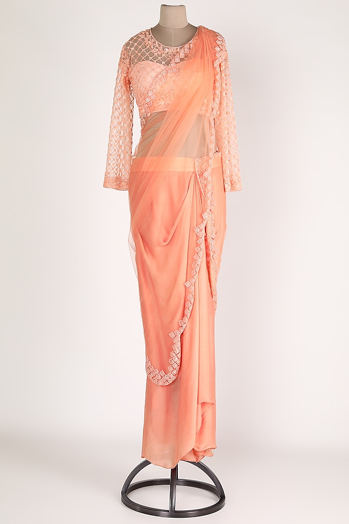 Peach Embroidered Dhoti Saree Set by Premya By Manishii at Pernia's Pop Up Shop