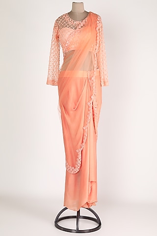Peach Embroidered Dhoti Saree Set by Premya By Manishii