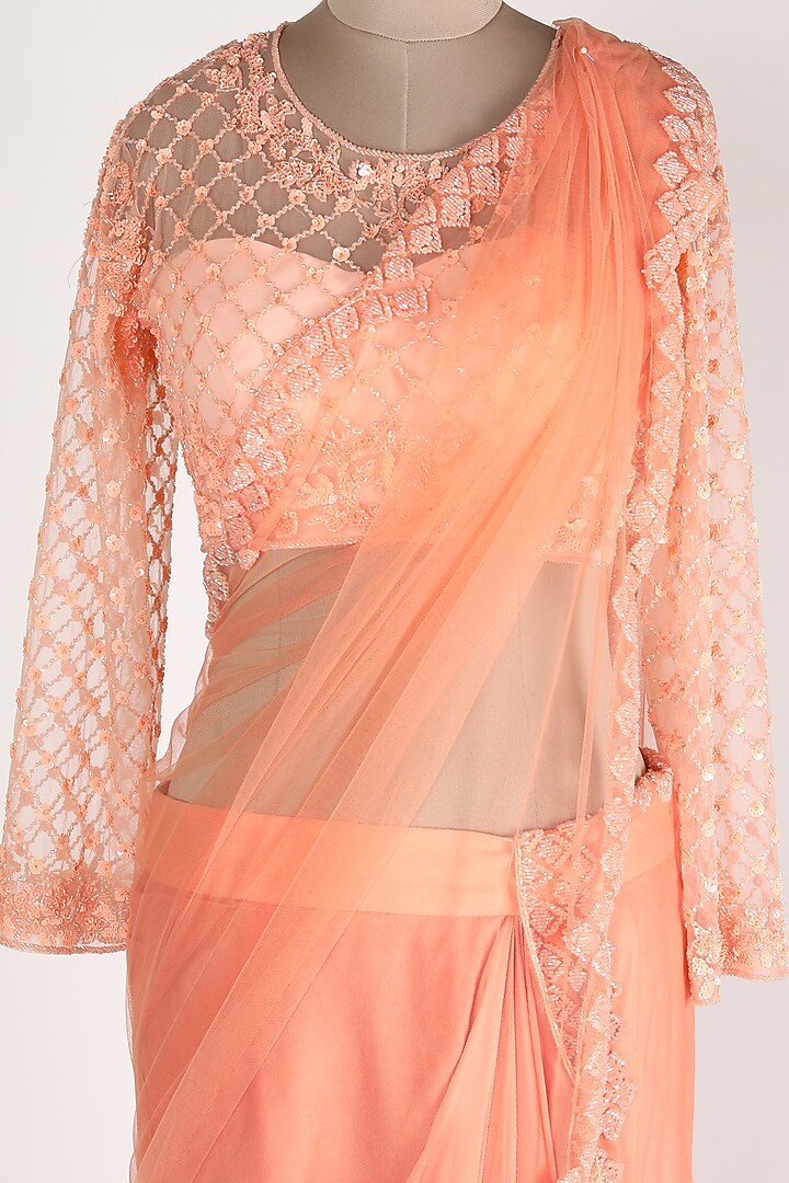 Peach Embroidered Dhoti Wedding Saree Set by Premya By Manishii at Pernia's Pop Up Shop