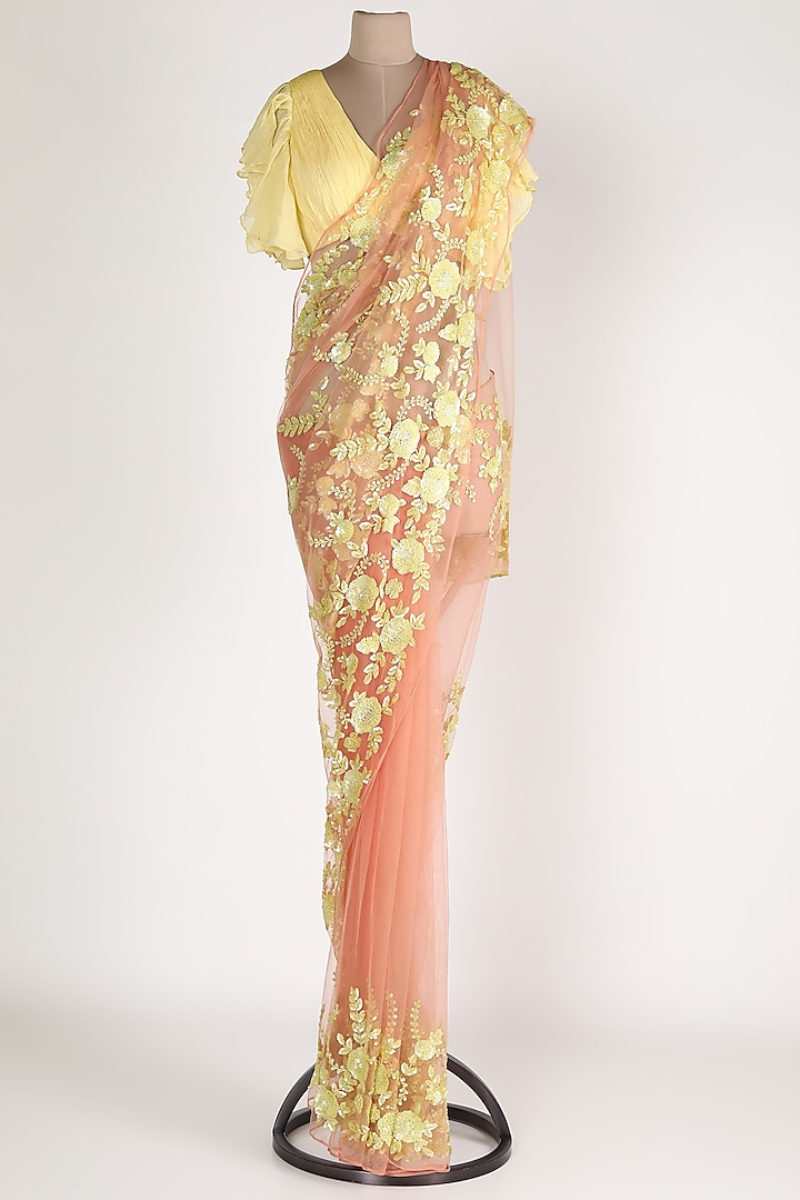 Peach & Yellow Embroidered Dhoti Saree Set by Premya By Manishii at Pernia's Pop Up Shop