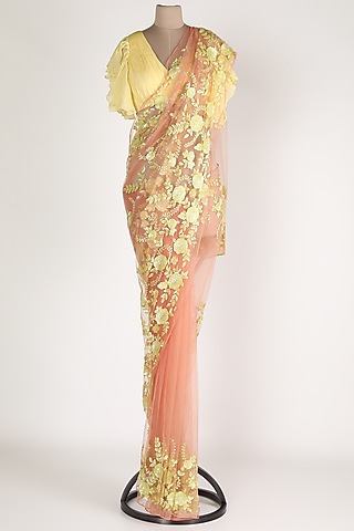 Peach & Yellow Embroidered Dhoti Saree Set by Premya By Manishii