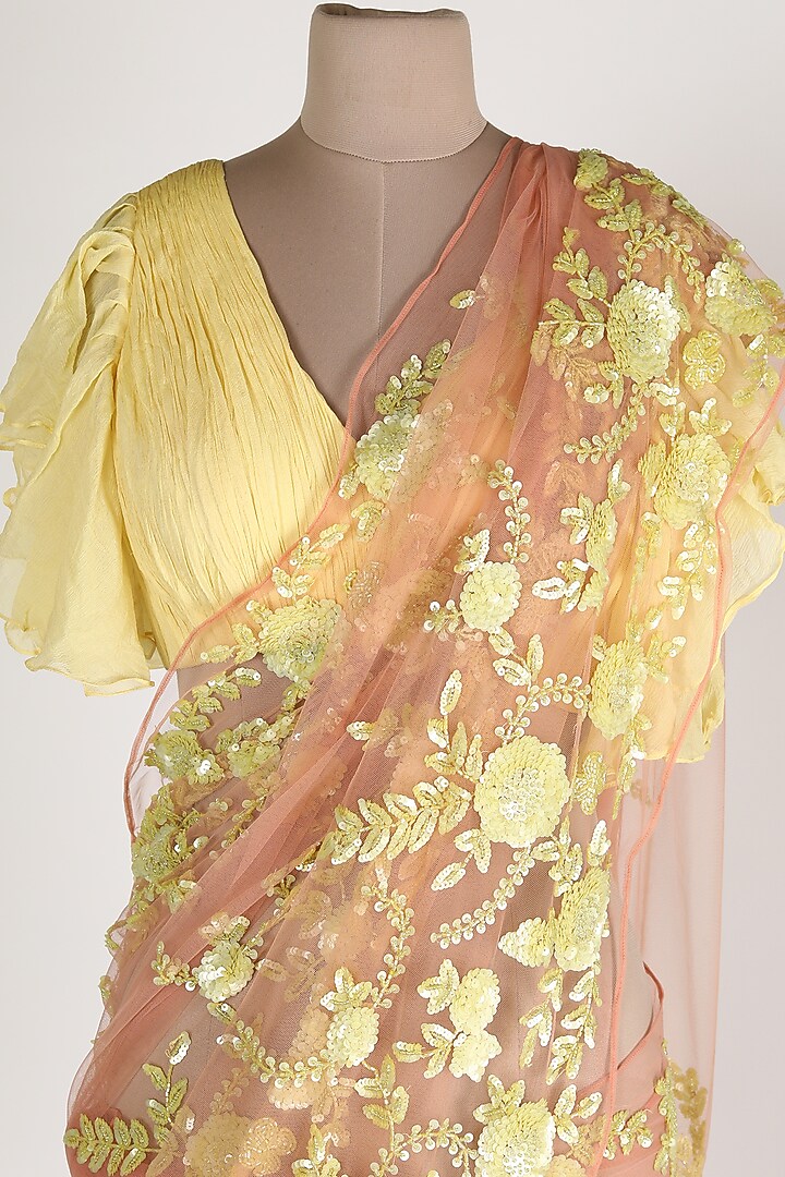 Peach & Yellow Embroidered Dhoti Wedding Saree Set by Premya By Manishii at Pernia's Pop Up Shop