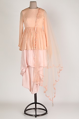 Peach Embroidered Dhoti Set by Premya By Manishii