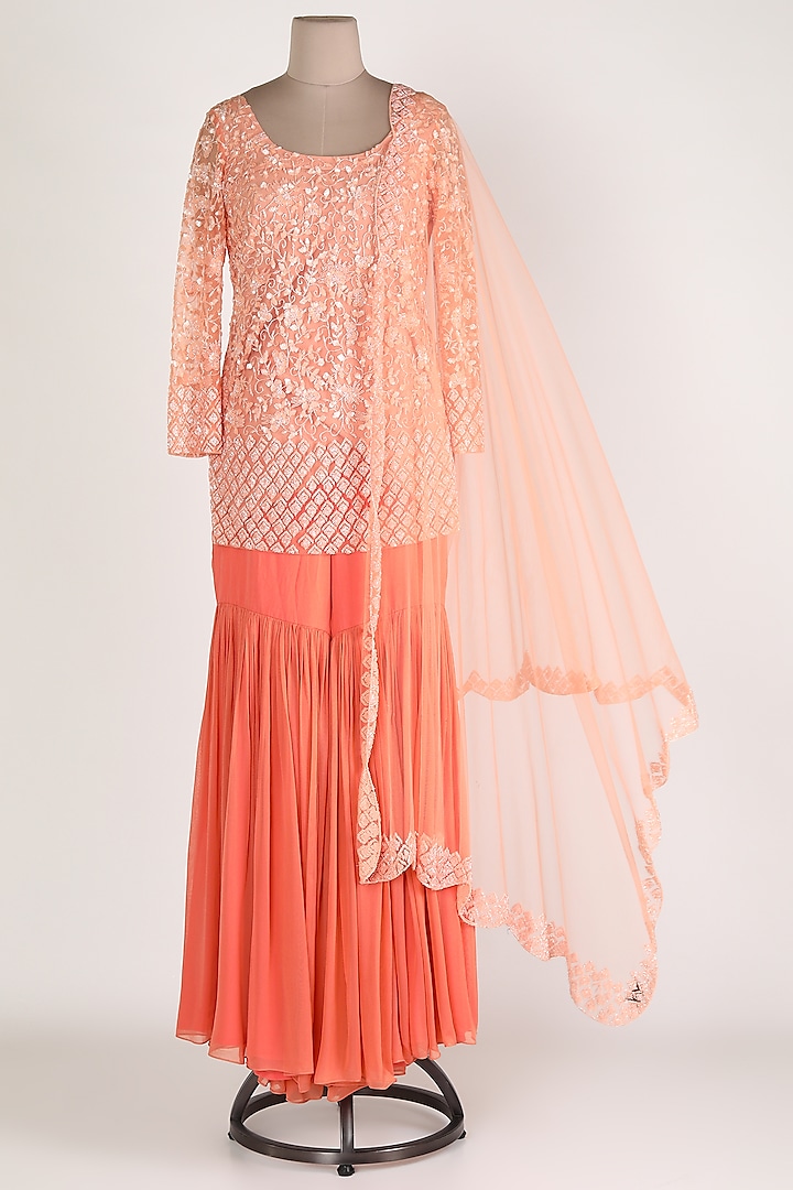 Coral Embroidered Sharara Set by Premya By Manishii at Pernia's Pop Up Shop