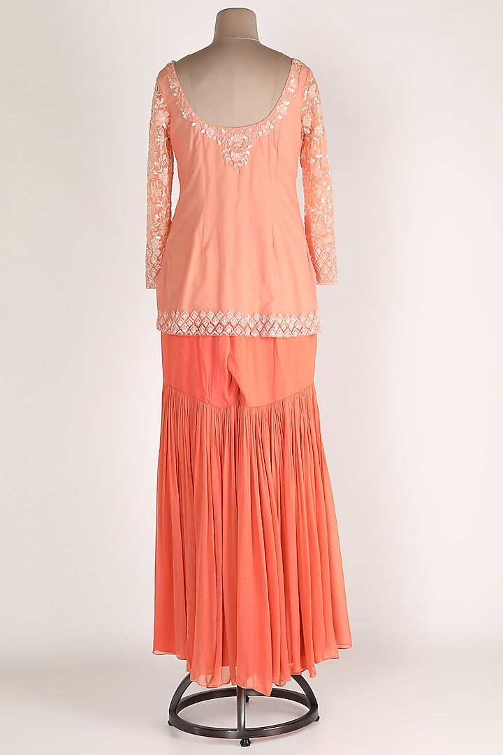 Coral Embroidered Wedding Sharara Set by Premya By Manishii at Pernia's Pop Up Shop