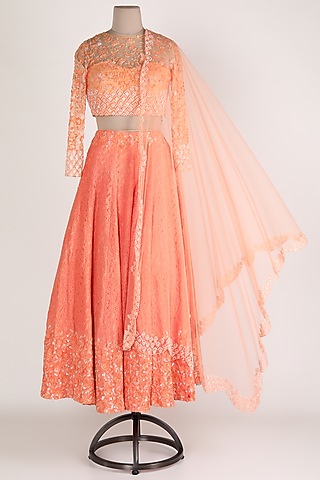 Orange Floral Embroidered Lehenga Set by Premya By Manishii
