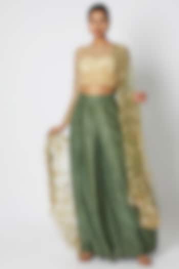 Gold Embroidered Crop Top With Olive Green Pants & Dupatta by Premya by Manishii
