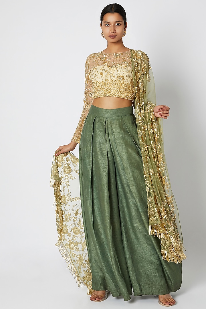 Gold Embroidered Crop Top With Olive Green Pants & Dupatta by Premya by Manishii