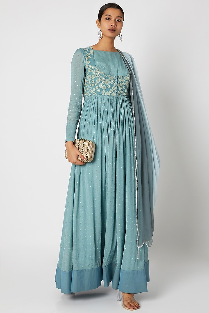 Sky Blue Embroidered Anarkali With Dupatta by Premya by Manishii