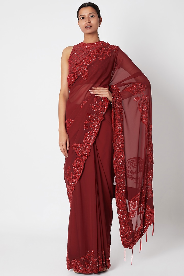 Maroon Embroidered Saree Set by Premya by Manishii