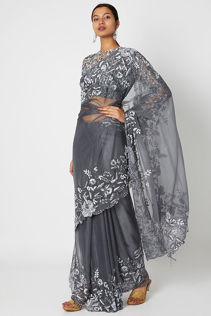 Grey Floral Embroidered Saree Set by Premya by Manishii