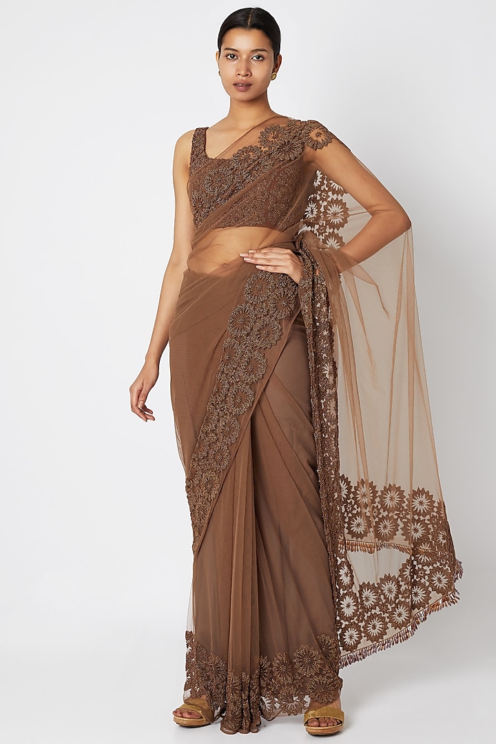 Brown Embroidered Saree Set by Premya by Manishii