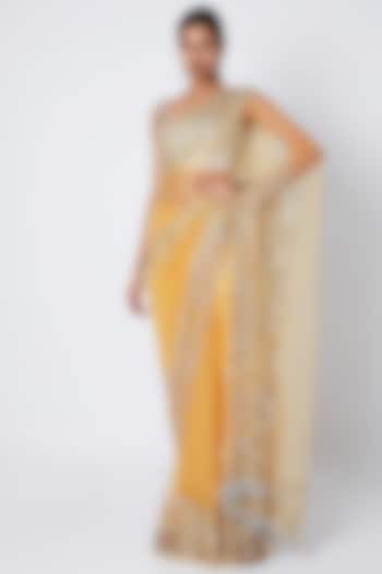 Yellow Hand Embroidered Saree Set by Premya by Manishii