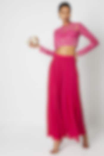 Fuchsia Floral Embroidered Crop Top with Trousers by Premya by Manishii