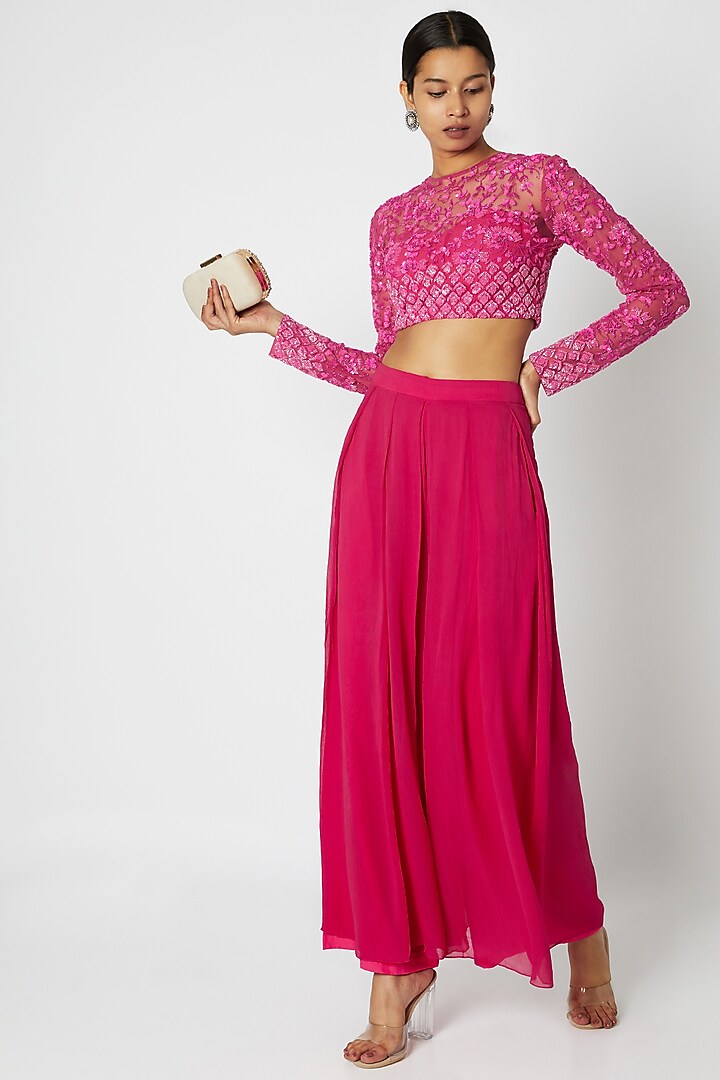 Fuchsia Floral Embroidered Crop Top with Trousers by Premya by Manishii