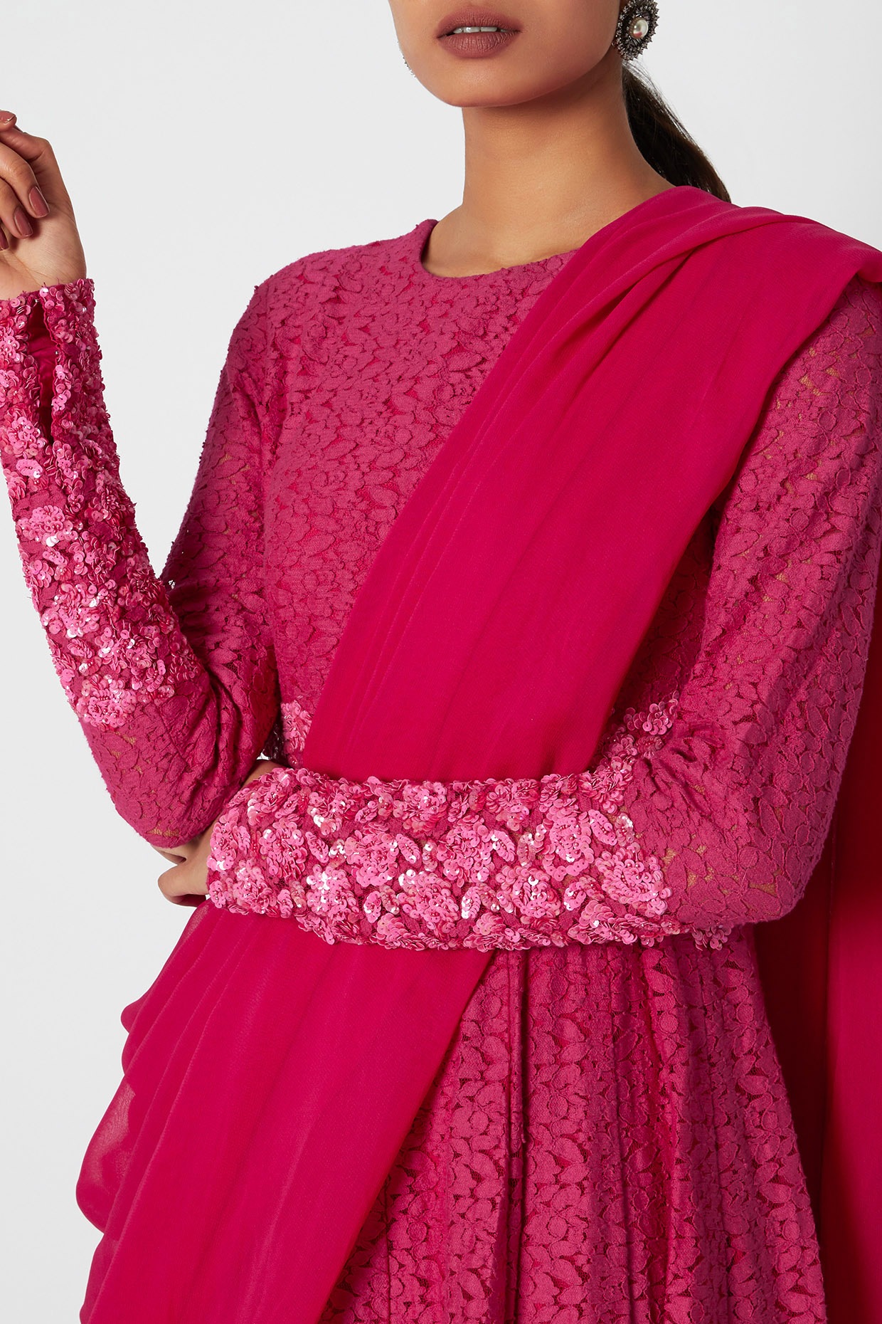 Fuchsia Embroidered Gown With Attached 