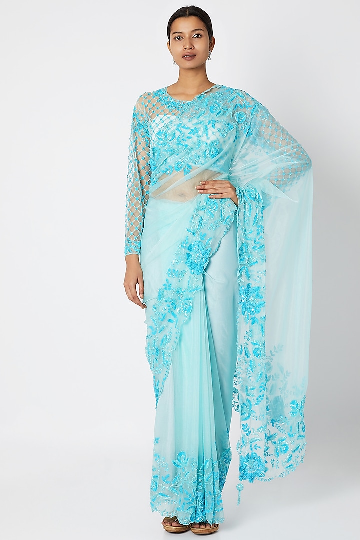 Sky Blue Embroidered Saree Set by Premya by Manishii
