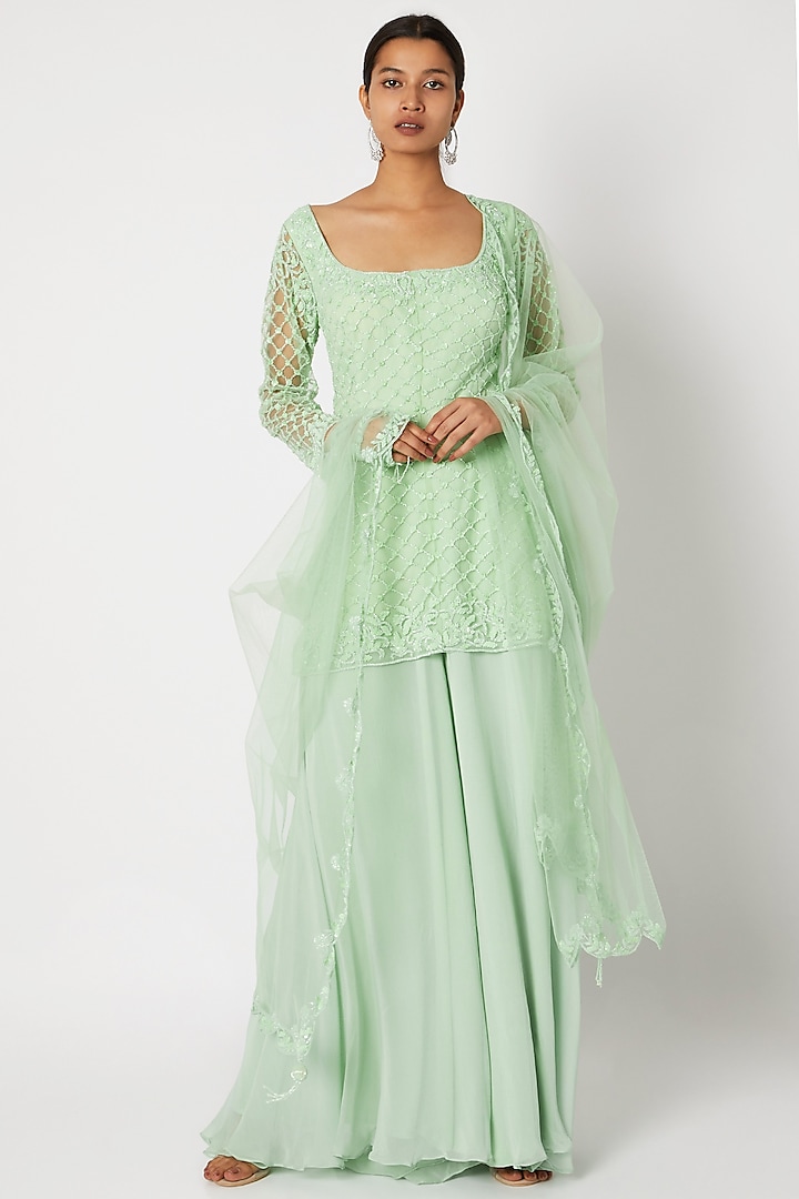 Mint Green Hand Embroidered Sharara Set by Premya by Manishii