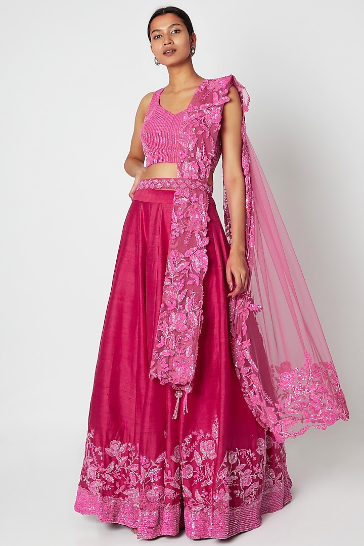 Fuchsia Floral Lehenga Set by Premya by Manishii