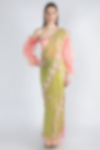 Lime Green & Blush Pink Embroidered Saree Set by Premya by Manishii