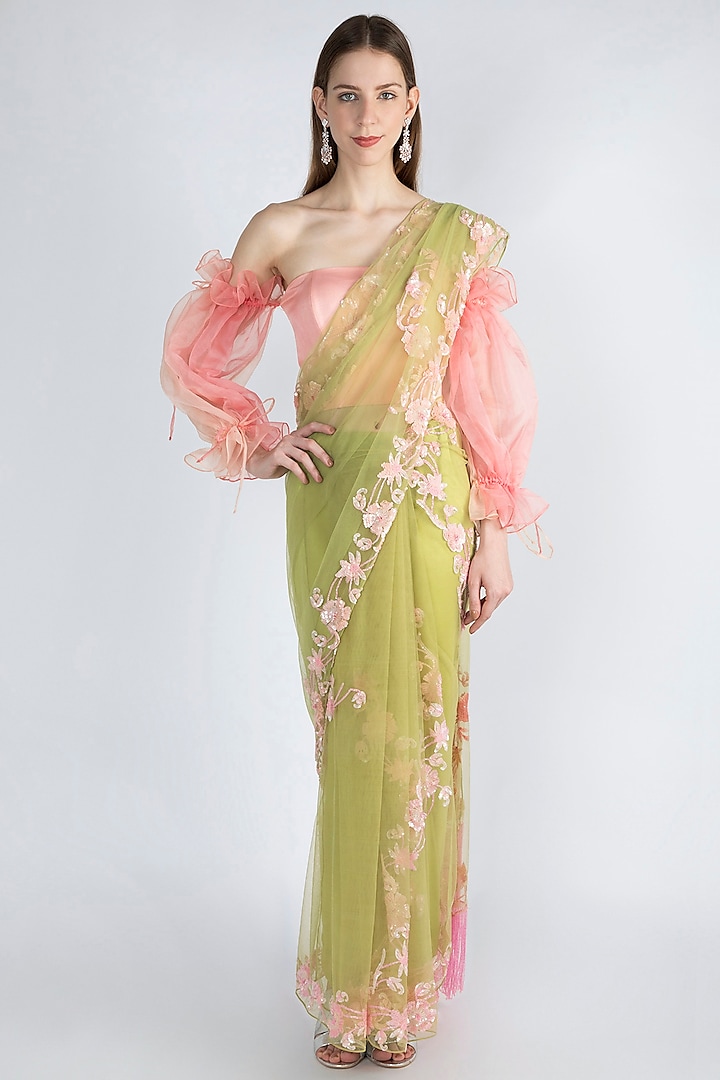 Lime Green & Blush Pink Embroidered Saree Set by Premya by Manishii