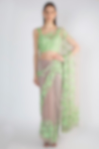 Lavender & Mint Green Embroidered Tulle Saree Set by Premya by Manishii