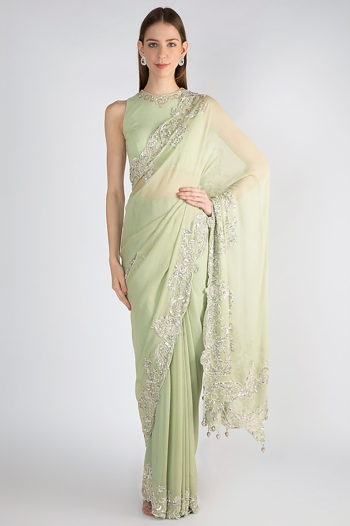 Mint Green Embroidered Georgette Saree Set by Premya by Manishii