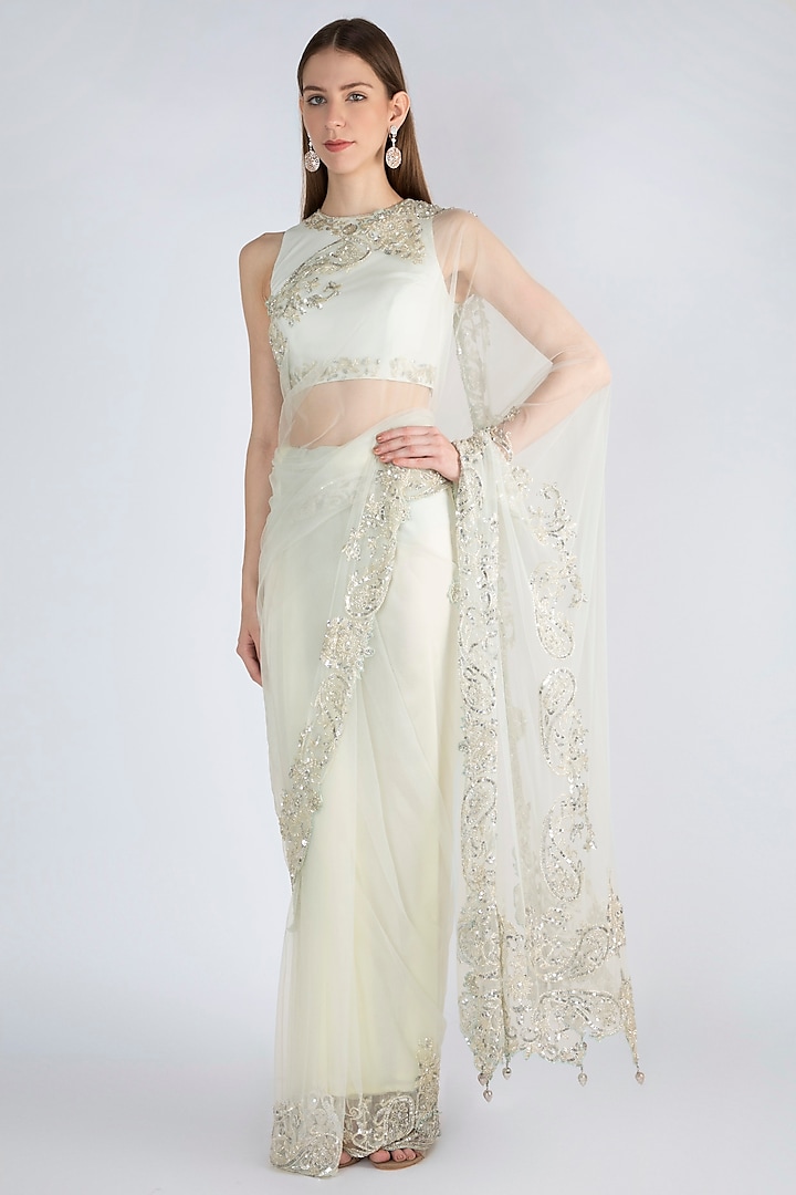 Pastel Mint Green Embroidered Saree Set by Premya by Manishii