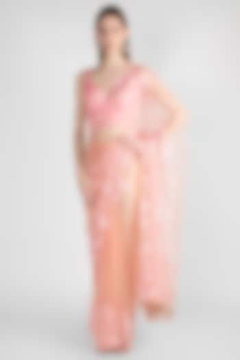 Blush Pink Embroidered Tulle Saree Set by Premya by Manishii