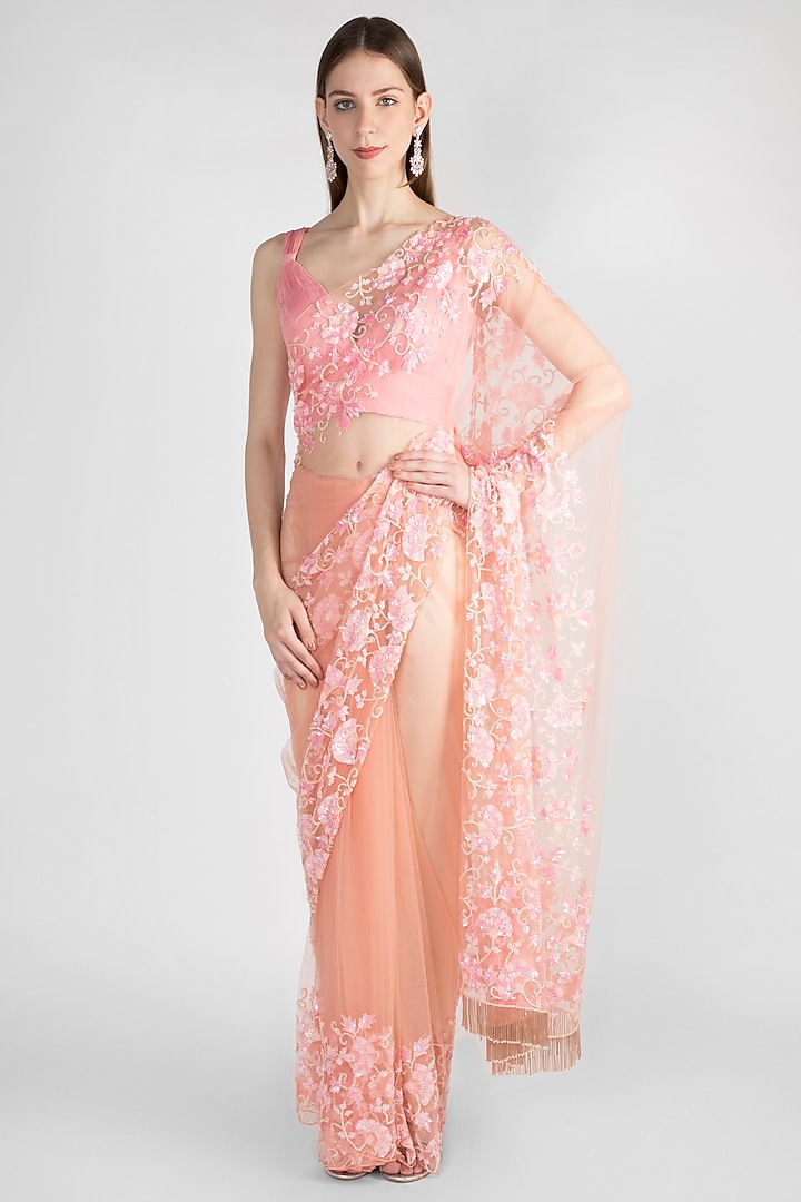Blush Pink Embroidered Tulle Wedding Saree Set by Premya by Manishii at Pernia's Pop Up Shop