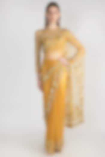 Golden Embroidered Tulle Saree Set by Premya by Manishii at Pernia's Pop Up Shop