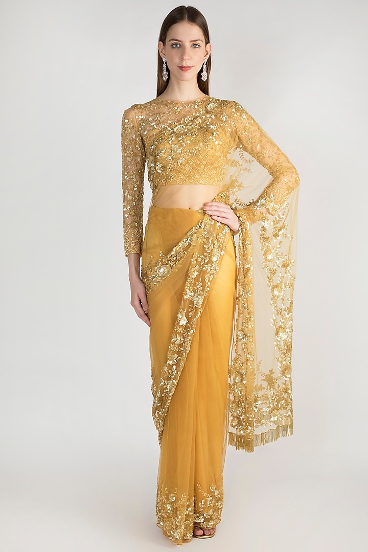 Golden Embroidered Tulle Saree Set by Premya by Manishii