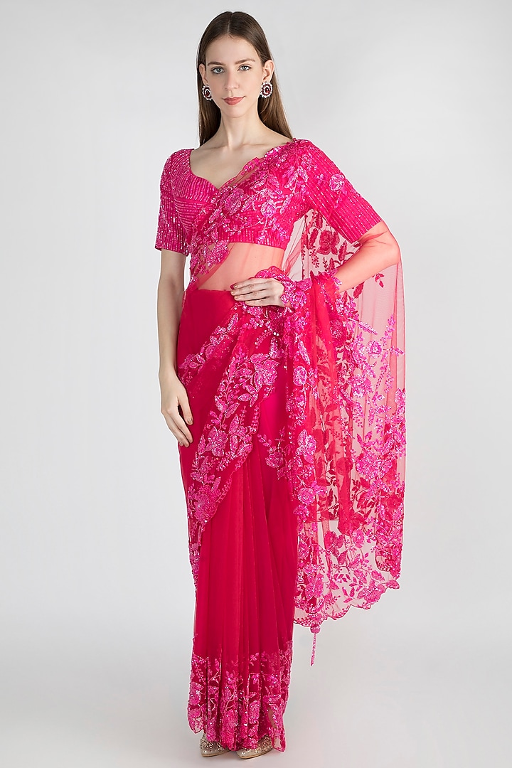Fuchsia Embroidered Polyester Saree Set by Premya by Manishii