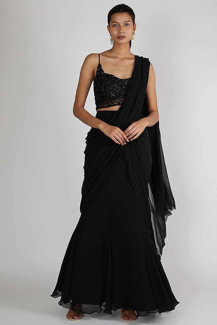 Black Embroidered Pleated Saree by Premya By Manishii
