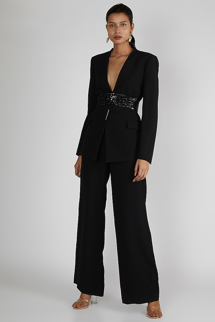 Black Embroidered Pant Set With Belt by Premya By Manishii at Pernia's Pop Up Shop