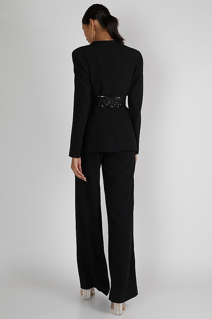 Black Embroidered Pant Set With Belt by Premya By Manishii at Pernia's Pop Up Shop