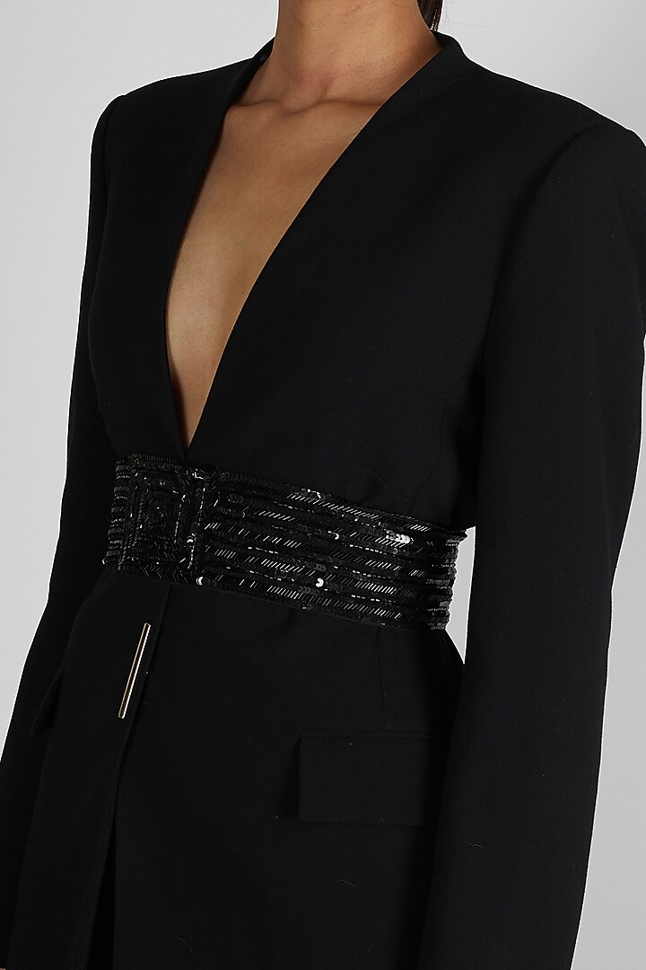 Black Embroidered Pant Set With Belt by Premya By Manishii at Pernia's Pop Up Shop