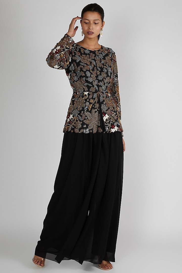 Black Embroidered Jacket Set by Premya By Manishii