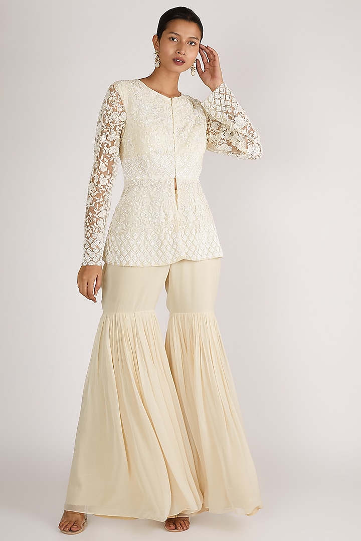 White Embroidered Jacket Set by Premya By Manishii