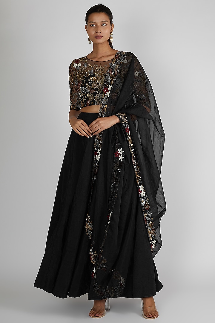 Black Embroidered  dulhan bday 22 may Lehenga Set by Premya By Manishii at Pernia's Pop Up Shop