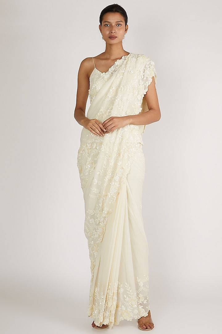 White Embroidered Wedding Saree Set by Premya By Manishii at Pernia's Pop Up Shop