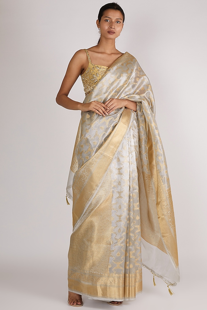Silver Embroidered Saree Set by Premya By Manishii