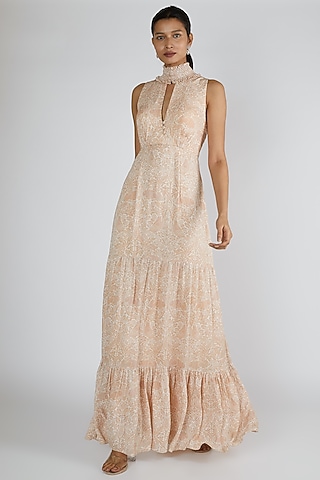 Nude Printed Maxi Dress by Premya By Manishii