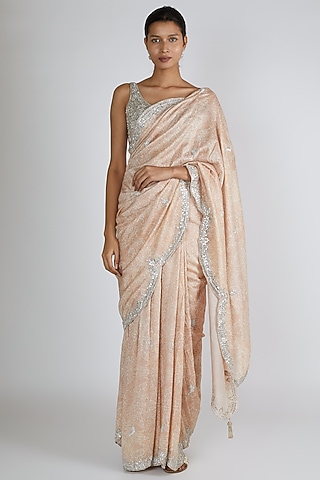 Silver Zardosi Embroidered Saree Set by Premya By Manishii