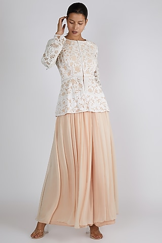 Nude Embroidered Jacket Set by Premya By Manishii