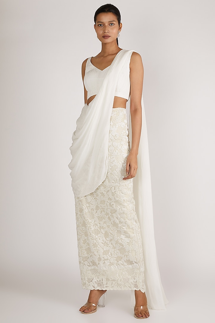White Embroidered Pre-Draped Saree Set by Premya By Manishii