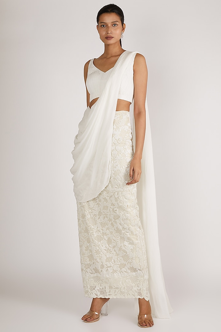 White Embroidered Pre-Draped Saree Set by Premya By Manishii at Pernia's Pop Up Shop