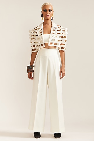 Cream Crepe Cutwork Co-Ord Set by Mini Sondhi