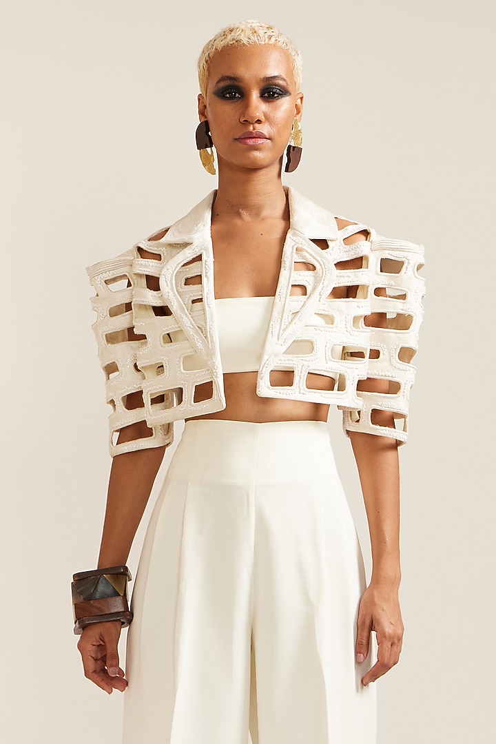 Cream Crepe Cutwork Co-Ord Set by Mini Sondhi at Pernia's Pop Up Shop